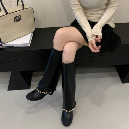 Apricot Black Stitching Chunky Pants Female Autumn Knight Below The Women's Leather Boots