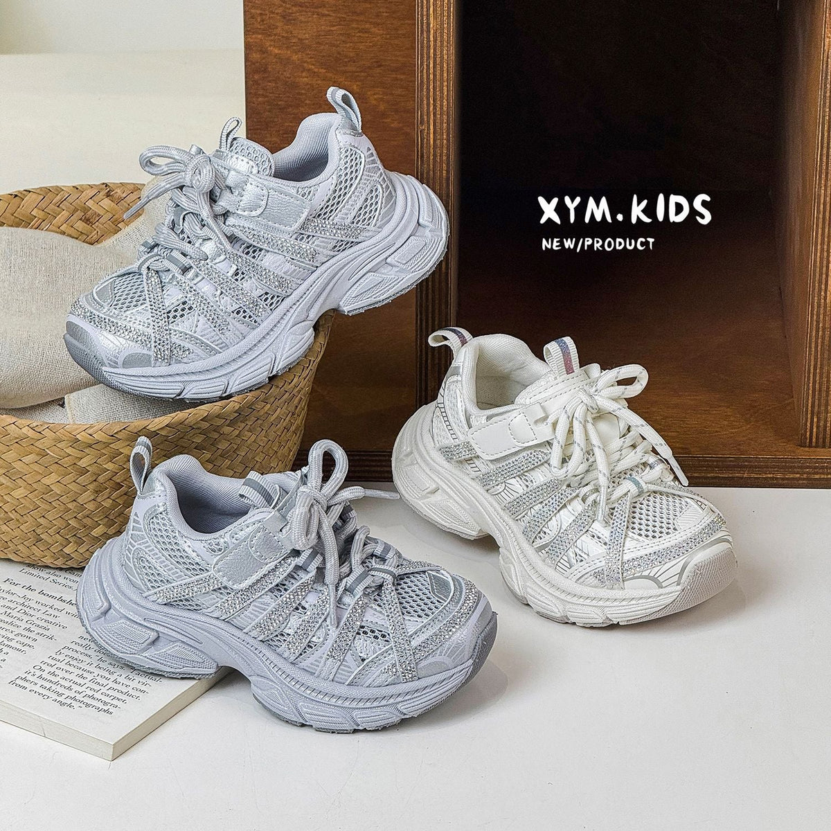 Children's Korean Style Fashion Rhinestone Single Mesh Breathable Medium Children's Sports Shoes
