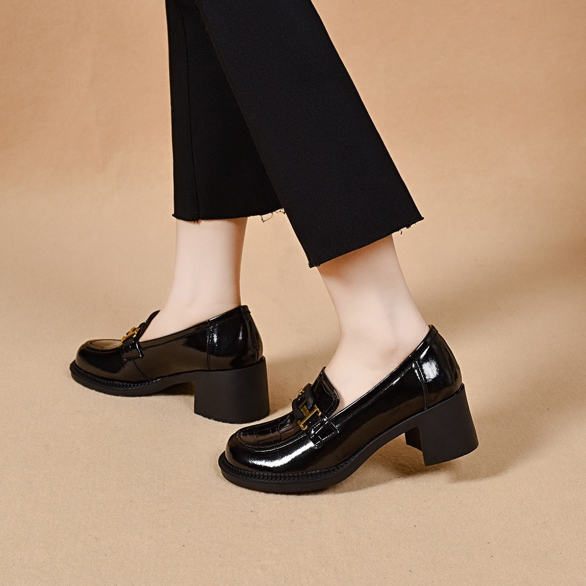 British Style Small Versatile Thick-soled High Metal Buckle Chunky Loafers