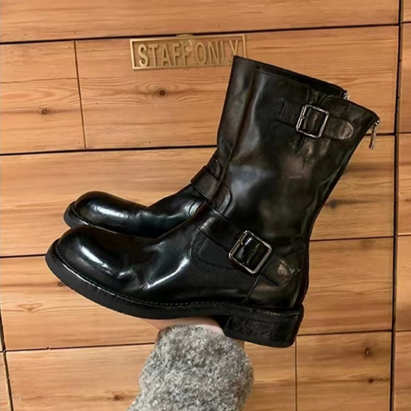 Buckle Design Horse Round Head Small Chunky Increased Look Straight Women's Leather Boots