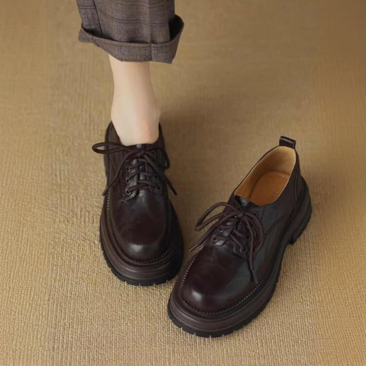 British Style Brown Round Head Thick Bottom Leather Shoes
