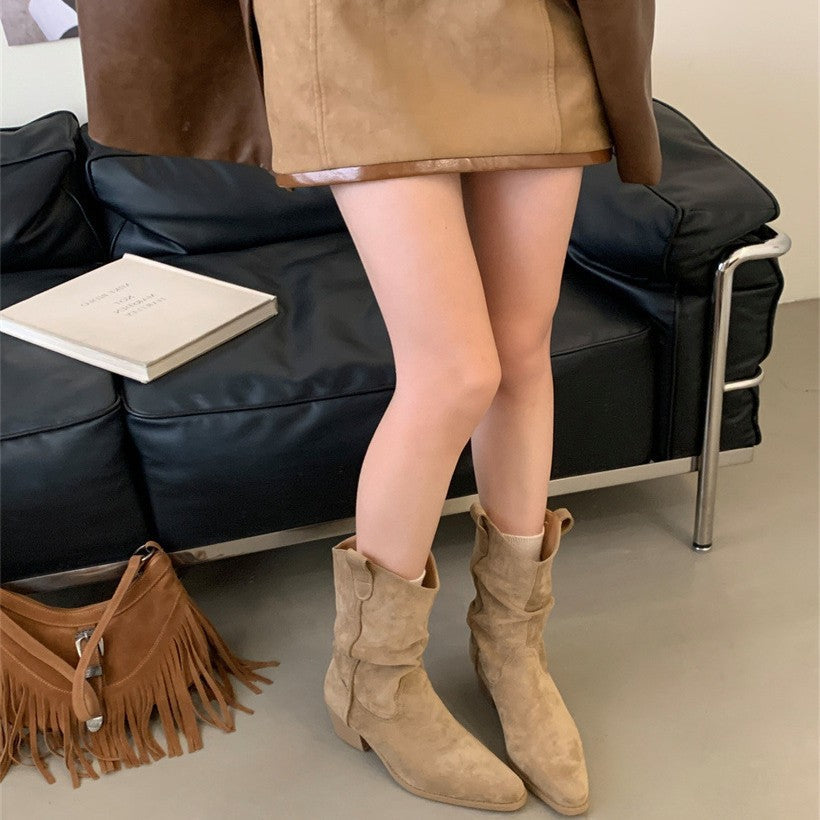 Chunky French Retro Pointed Western Cowboy Ankle Boots