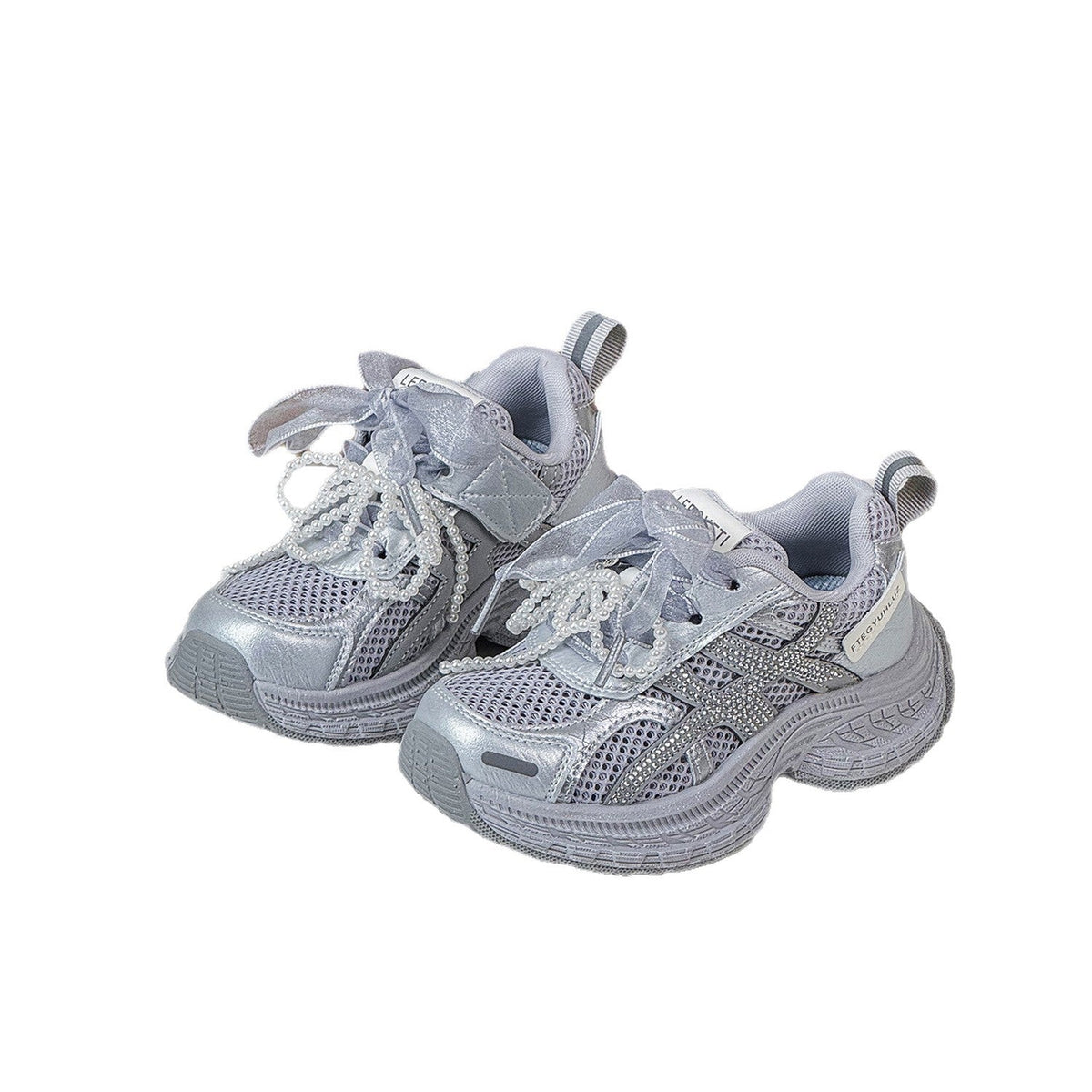 Children's Single Mesh Korean Pearl Bow Rhinestone Children's Sports Shoes
