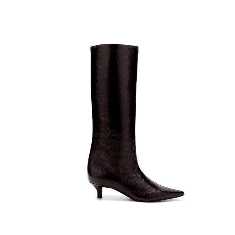 British Style Pointed Toe Below The Knee Large Women's Leather Boots