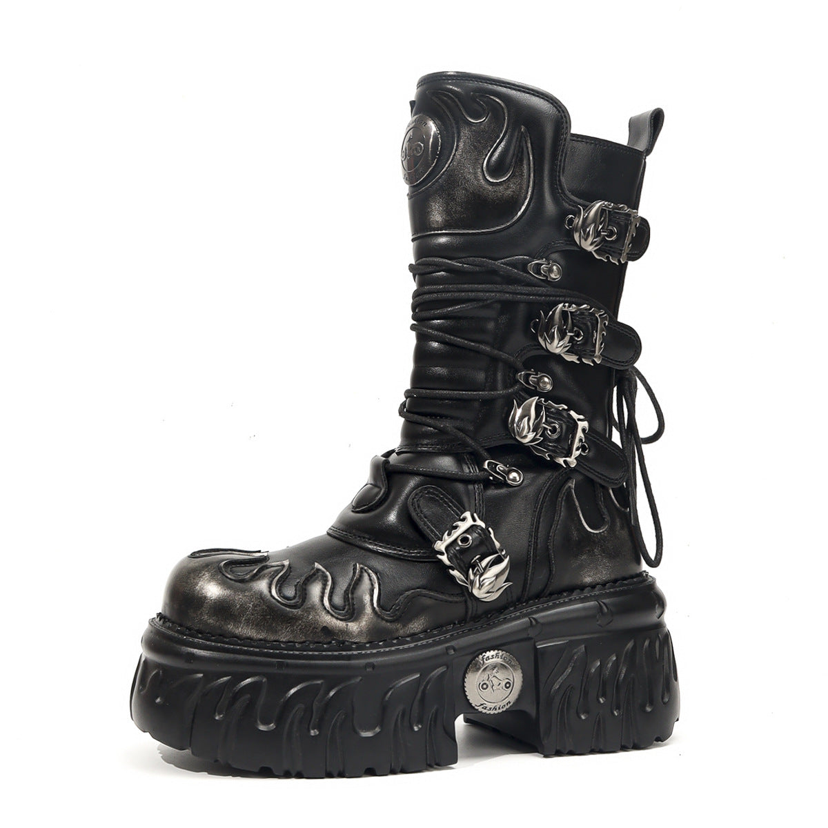Brushed Dark Punk Metal Tank Thick Bottom Side Zipper Gothic Women's Leather Boots