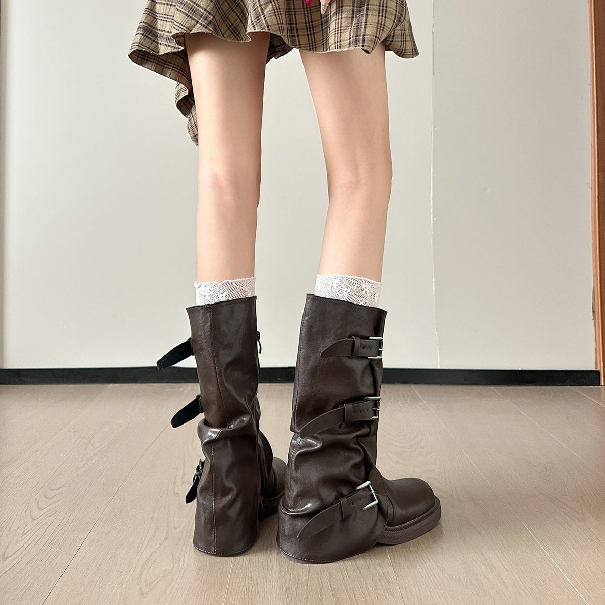 Belt Buckle Round Head Pleated Riding Pile Style Plus Veet Boots