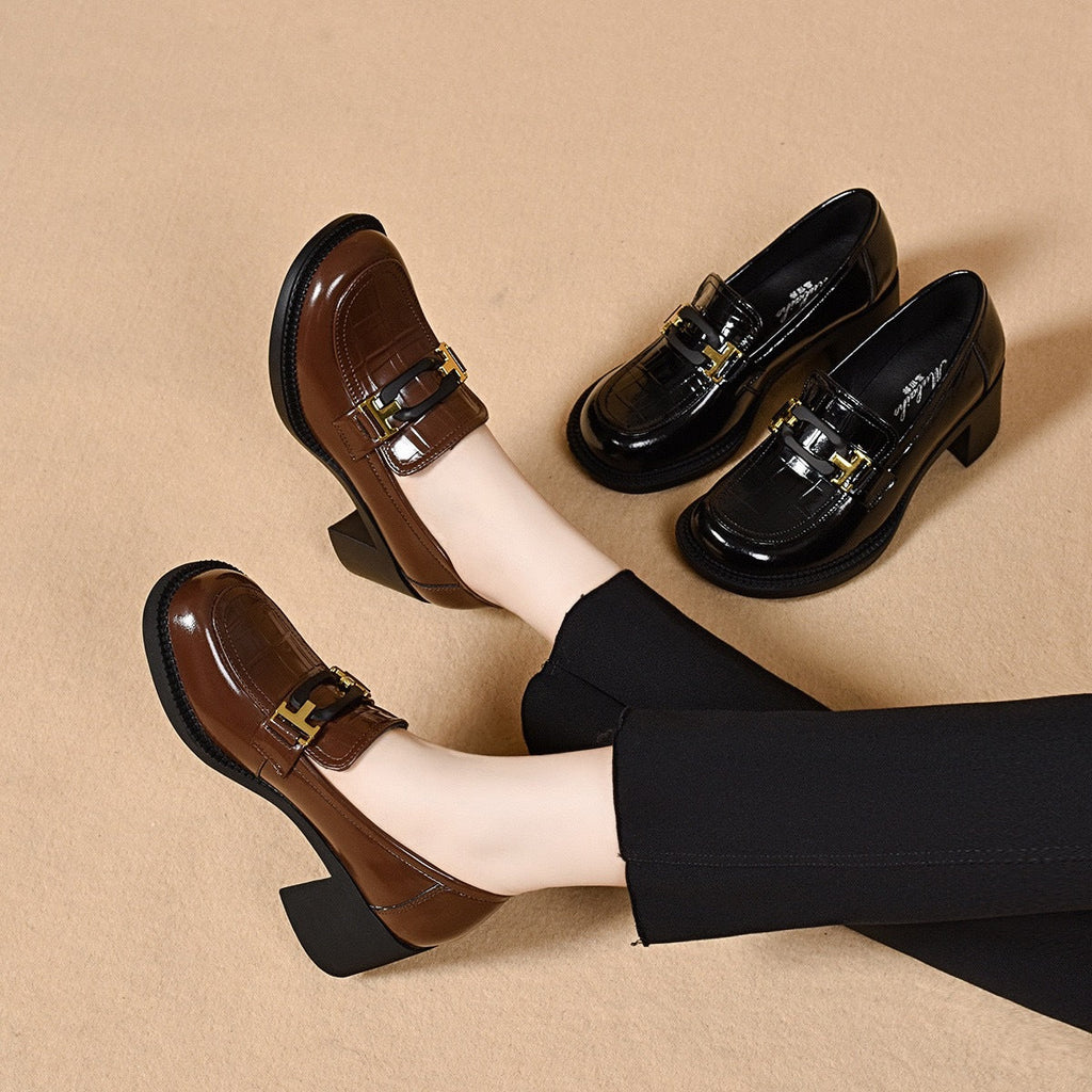 British Style Small Versatile Thick-soled High Metal Buckle Chunky Loafers