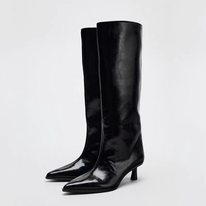 British Style Pointed Toe Below The Knee Large Circumference Women's Leather Boots
