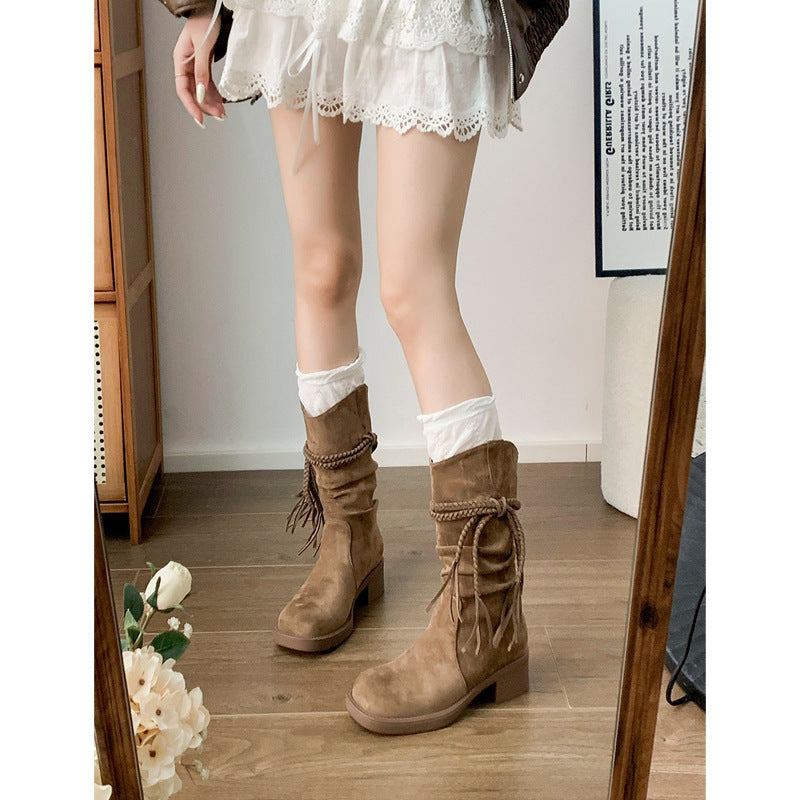 Children's Bottom Waste Retro Style Knight Genuine Matte Hemp Heels