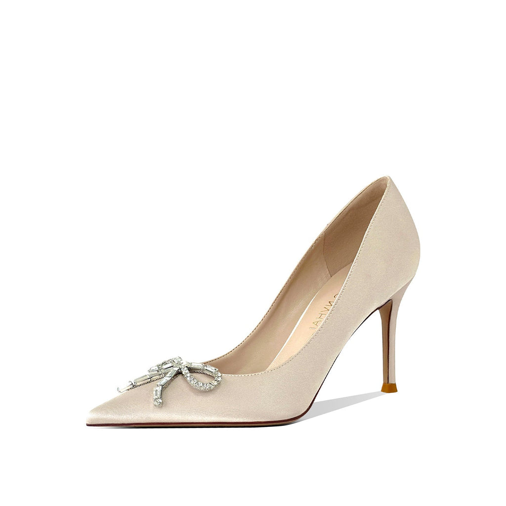 Bow Satin High Pointed Toe Shallow Mouth Stiletto Beautiful Women's Fashion Shoes