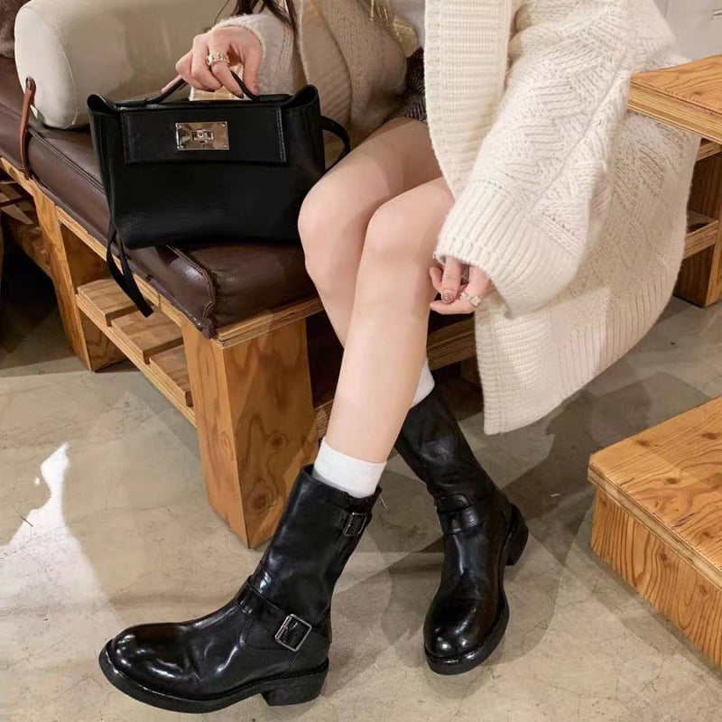 Buckle Design Horse Round Head Small Chunky Increased Look Straight Women's Leather Boots
