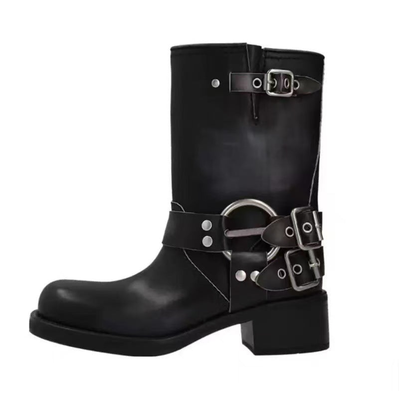Belt Buckle Chunky Long Female Square Toe Sleeve Women's Leather Boots